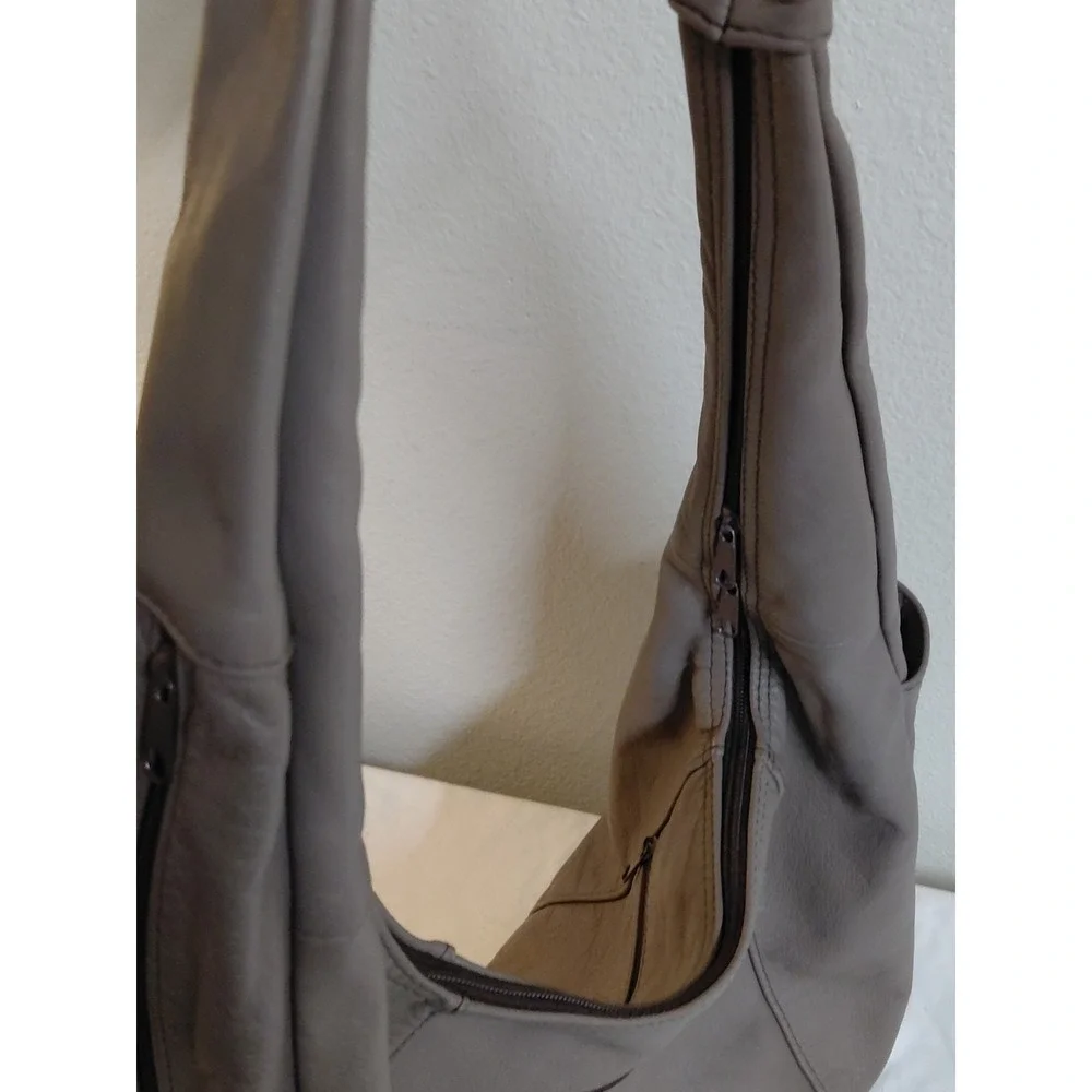 Vintage Genuine Leather Hobo Bag Taupe Gray Slouch Shoulder Purse Made in Mexico